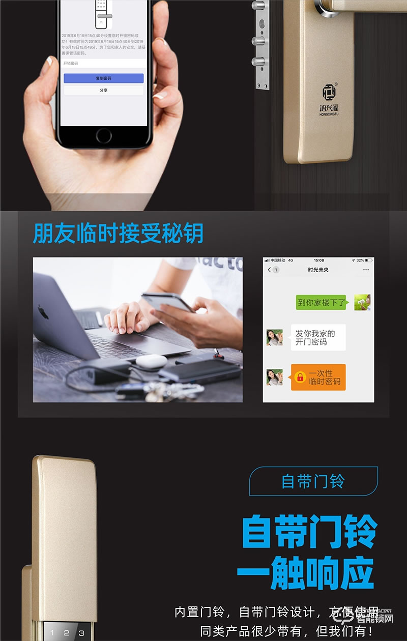 鸿兴福智能锁 H6001滑盖智能指纹锁